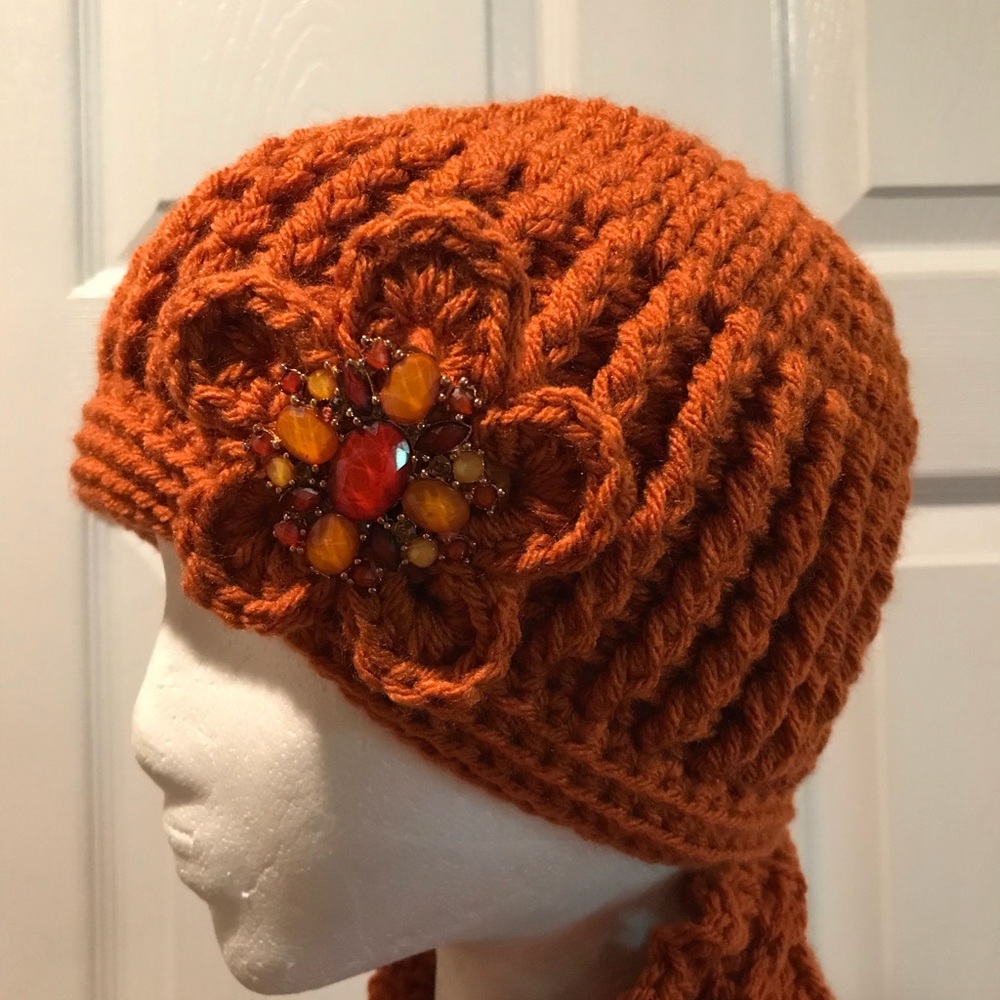 Handmade Crocheted Hat, Scarf & Flower Brooch